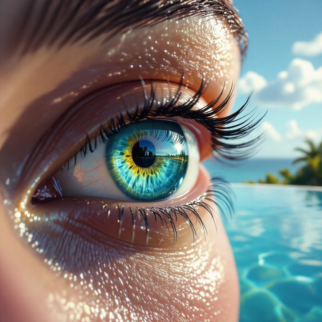 Eye Reflecting Jamaican Infinity Pool: Photorealistic Art