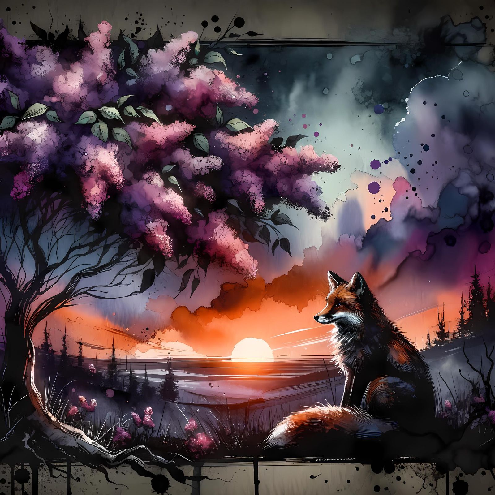 Fox Under Lilac Tree at Sunset in Watercolor