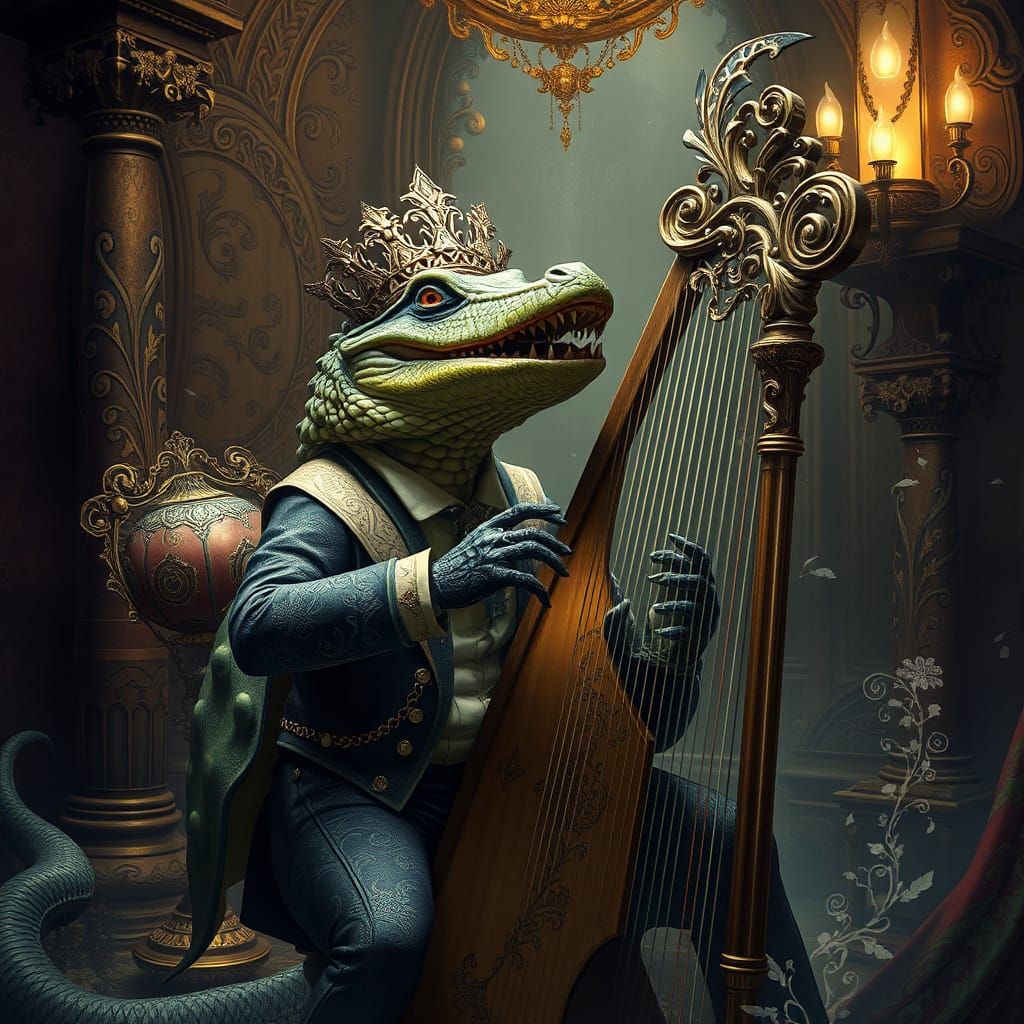 Victorian Crocodile Plays Harp in Mystical Setting