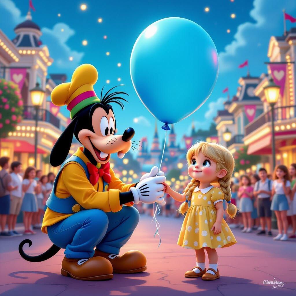 Goofy Gives Balloon to Girl at Disneyworld