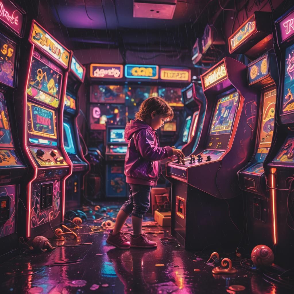 Child in Retro Arcade: Synthwave Neon Art