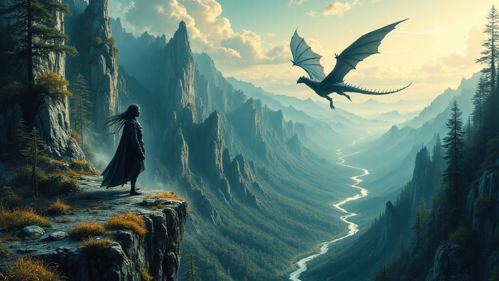 Adventurer Overlooking Monstrous Forest with Dragon