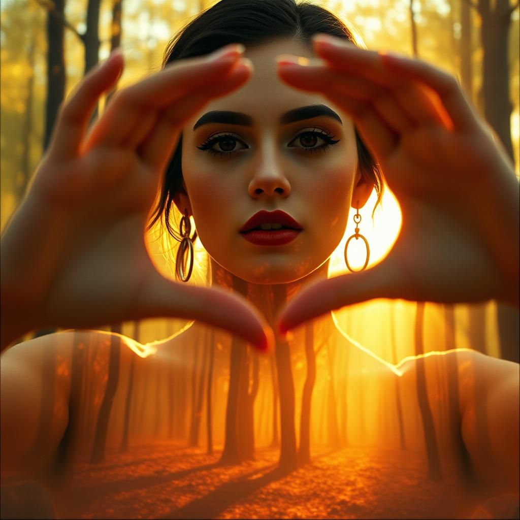 Double Exposure: Woman and Forest in Soft, Fiery Light