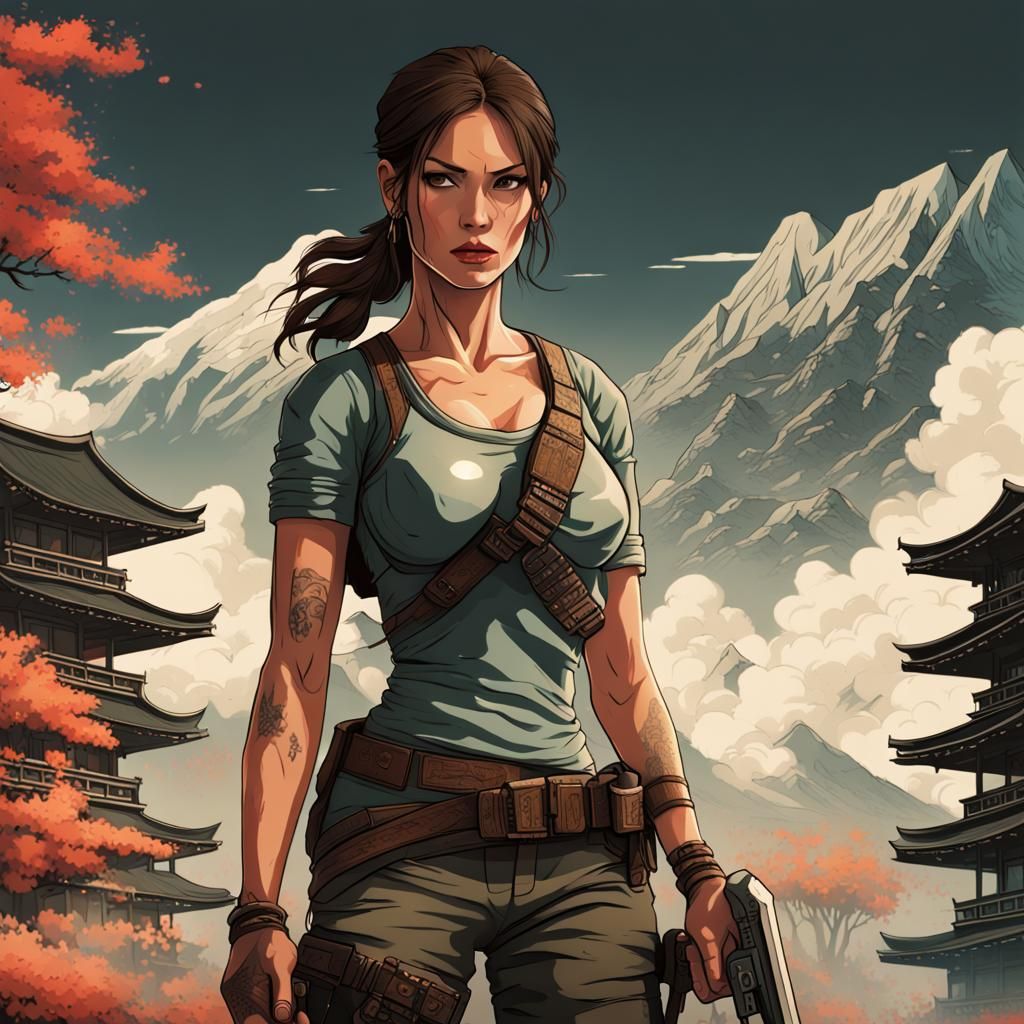 Lara Croft in Ukiyo-e Style Digital Painting