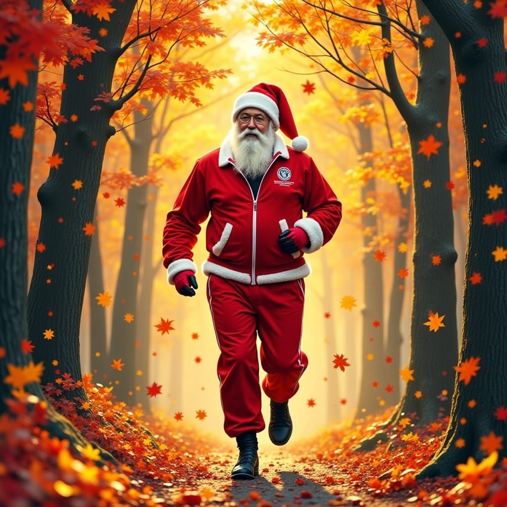 Santa Claus Jogging in Autumn Forest