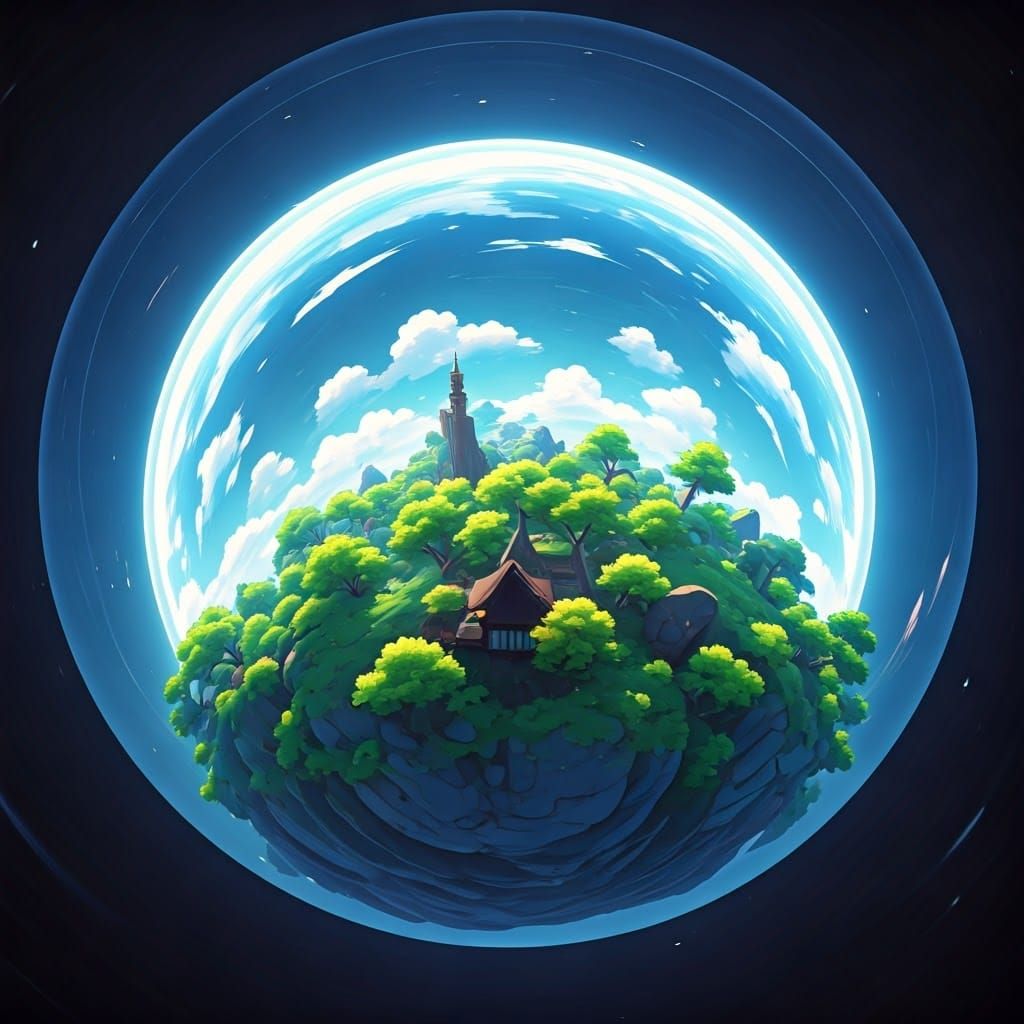 Ethereal Spherical Landscape in Anime Style, 3D Render