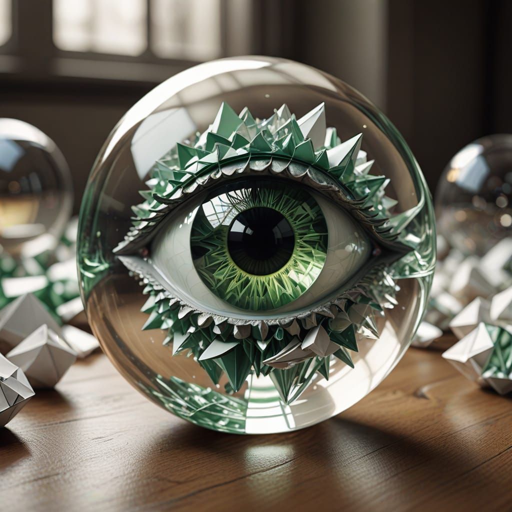 Surreal Green Crystal Ball with Origami Details