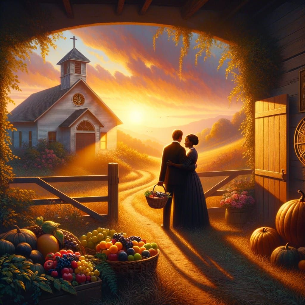 Ministerial Couple Embraces Dawn's Bounty in Pastoral Scene