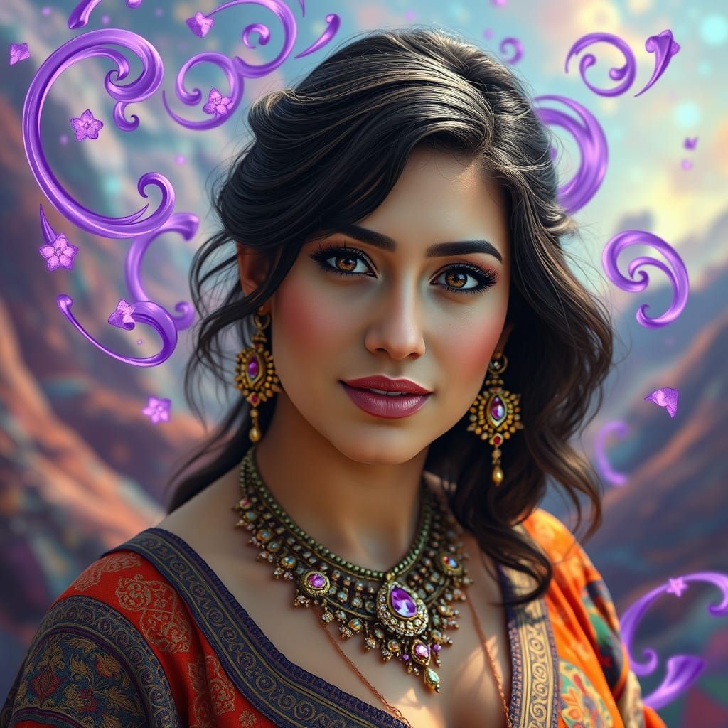 Middle Eastern Woman in Vibrant, Intricately Patterned Attir...