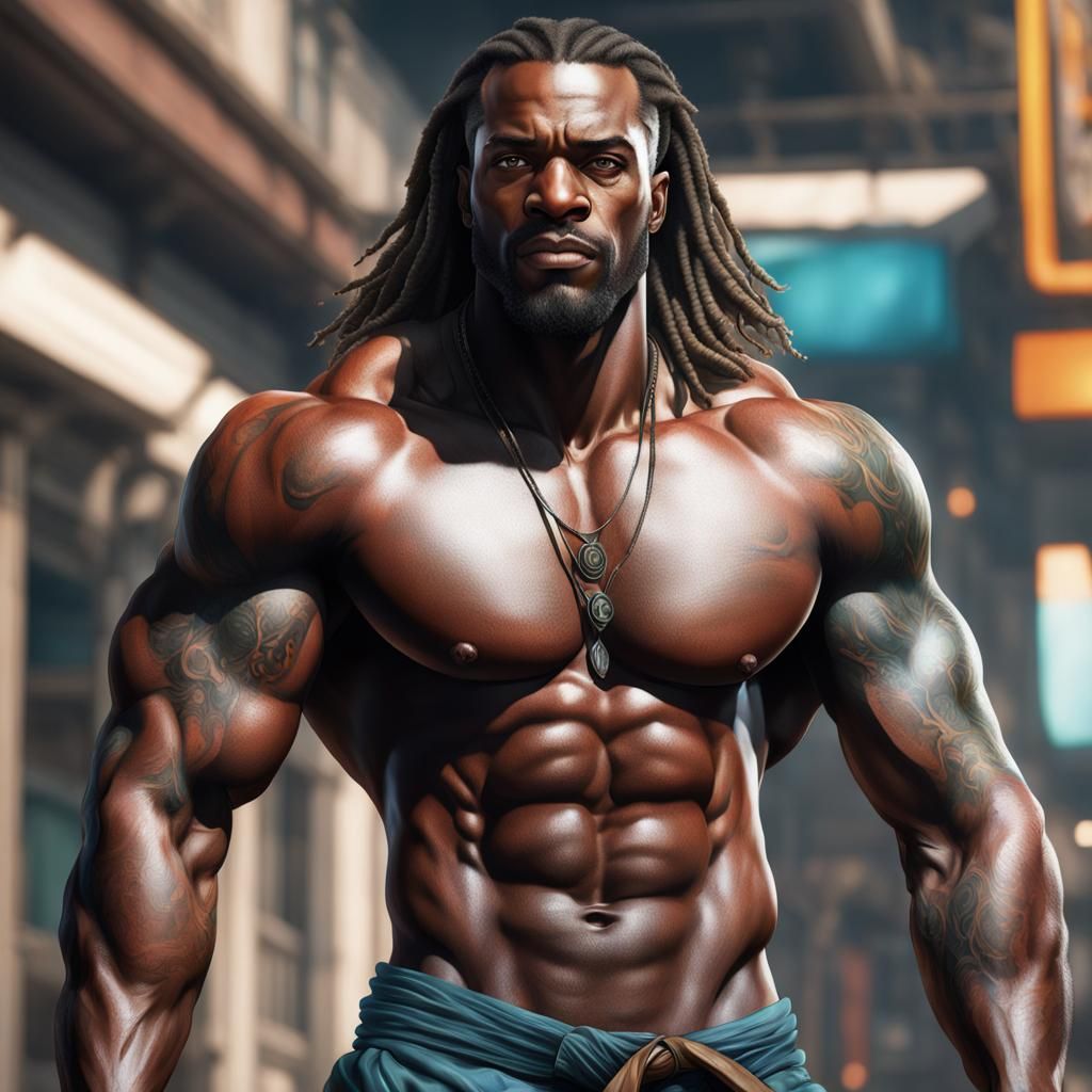 Muscular Man Portrait with Tattoos, Detailed Concept Art