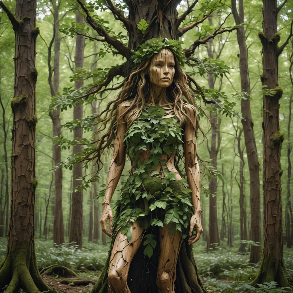 Woman Made of Tree in Forest