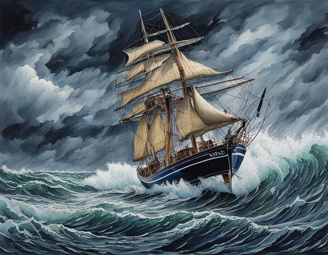 Sailboat in Stormy Seas: Impressionistic Watercolor