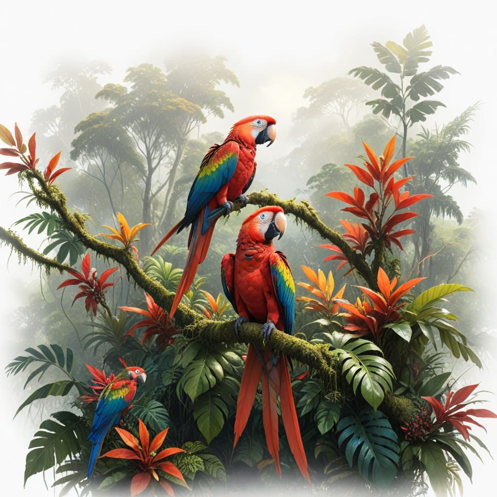 Scarlet Macaws in Lush Rainforest Canopy