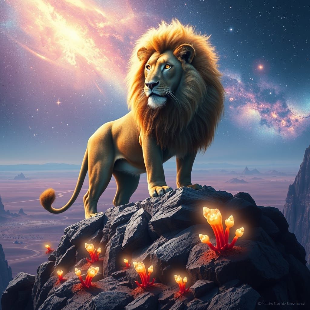 Majestic Lion in Celestial Desert Landscape