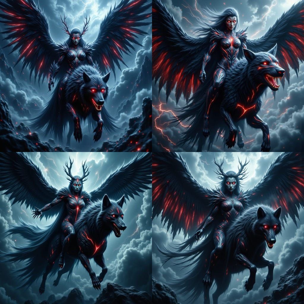 Dark Fantasy Valkyrie Soars Through Stormy Sky on Winged Wol...