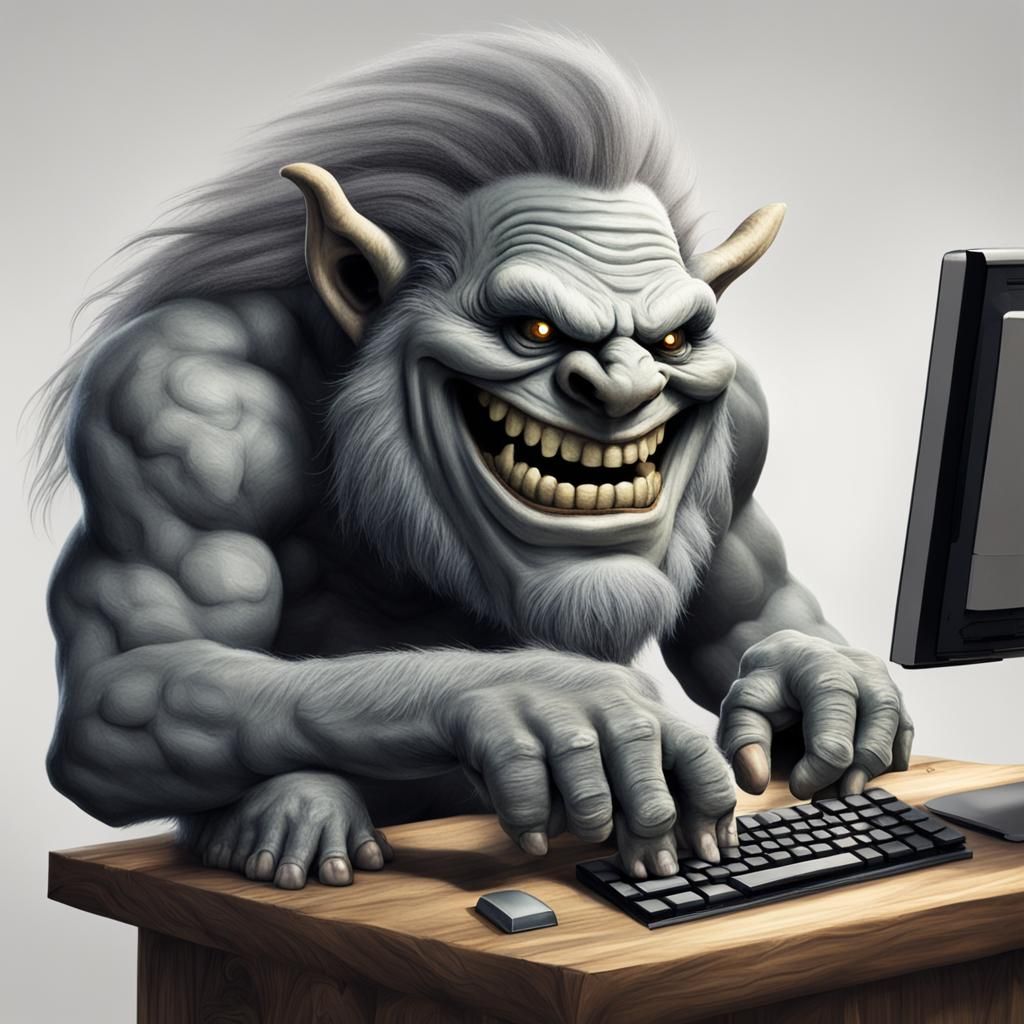Humorous Troll Working at Tiny Computer