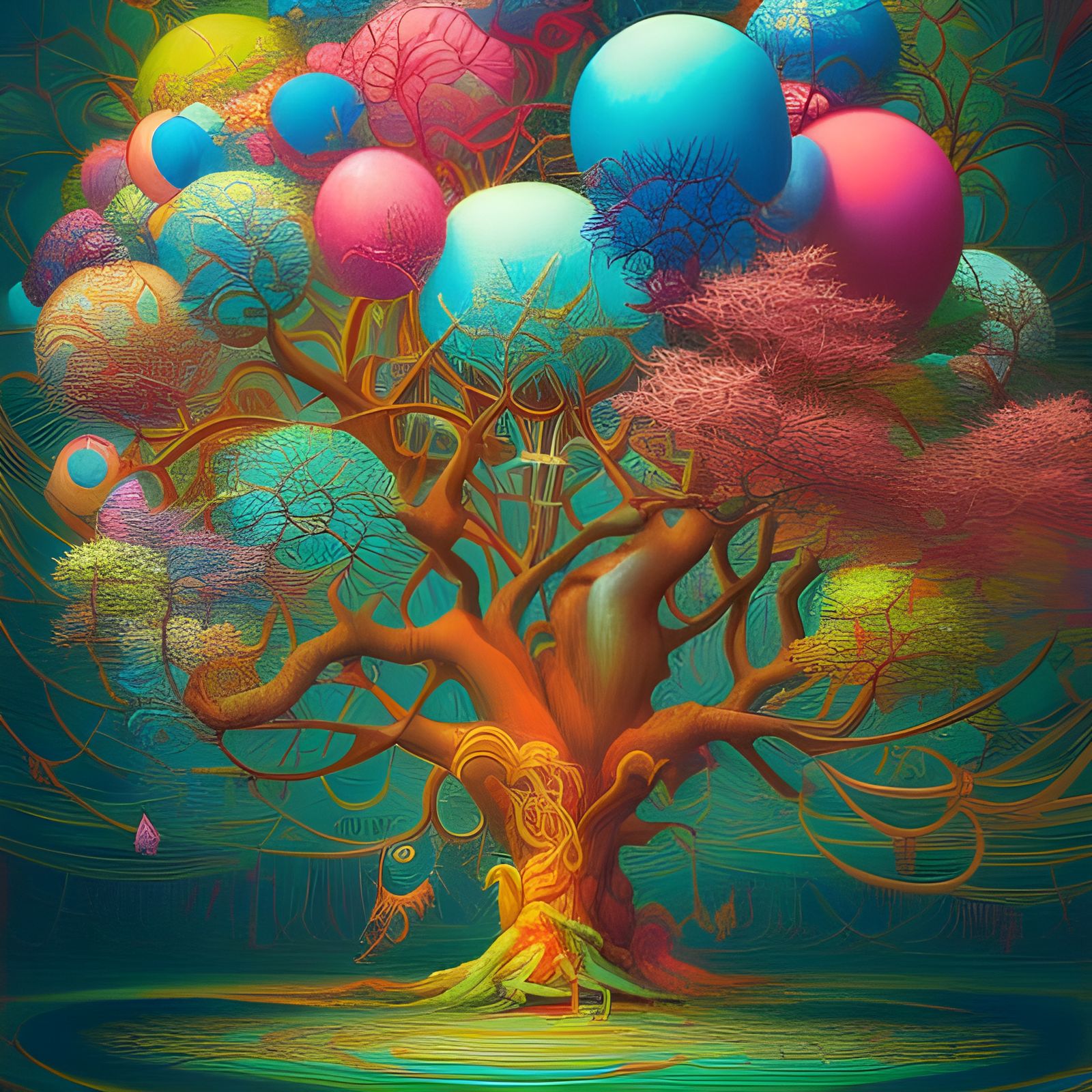 Colorful Balloon Tree in Maximalist Photo-Illustration