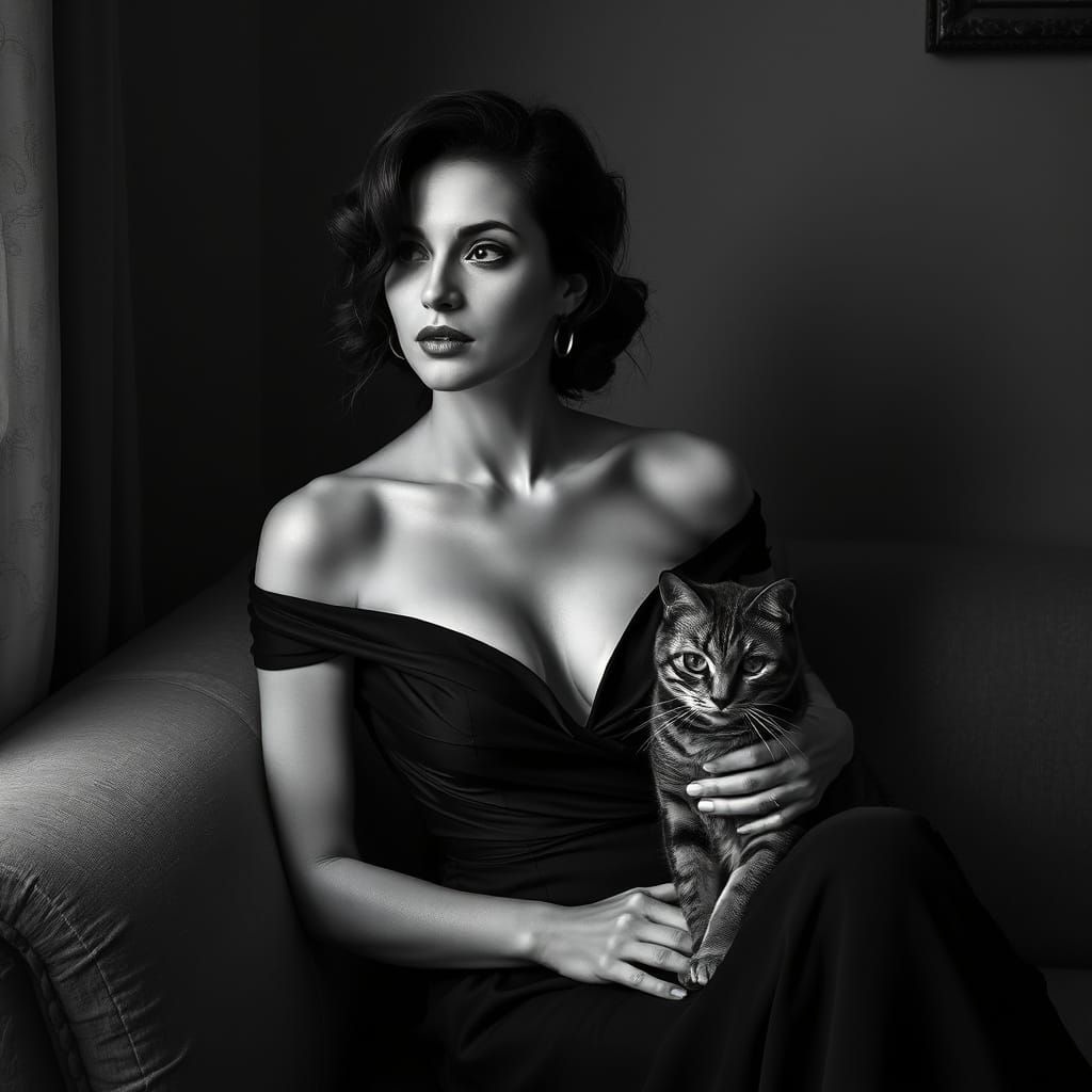 Woman with Cat in Noir Chiaroscuro Style