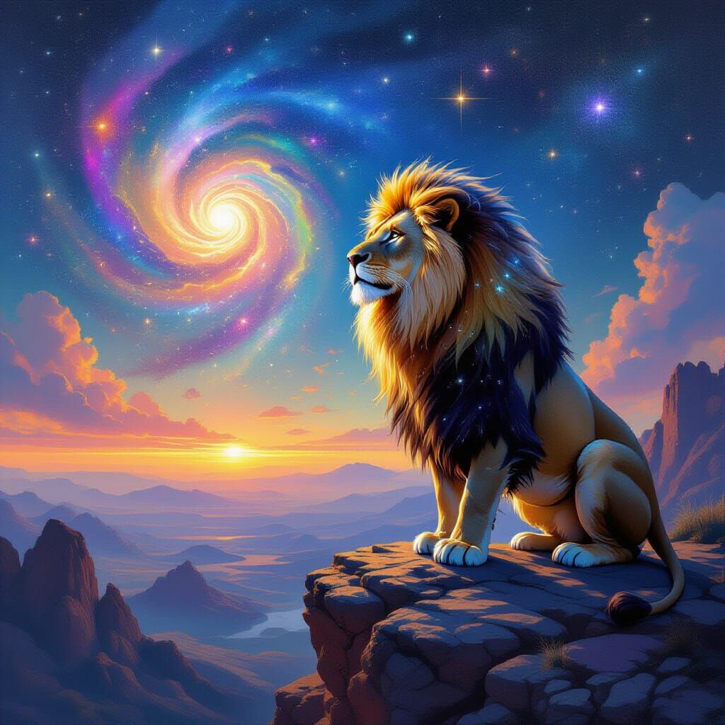 Cosmic Lion Gazing at Nebula in Surreal Style
