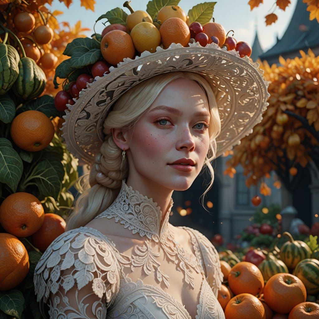 Surreal Autumn Femme Fatale with Harvest Bounty
