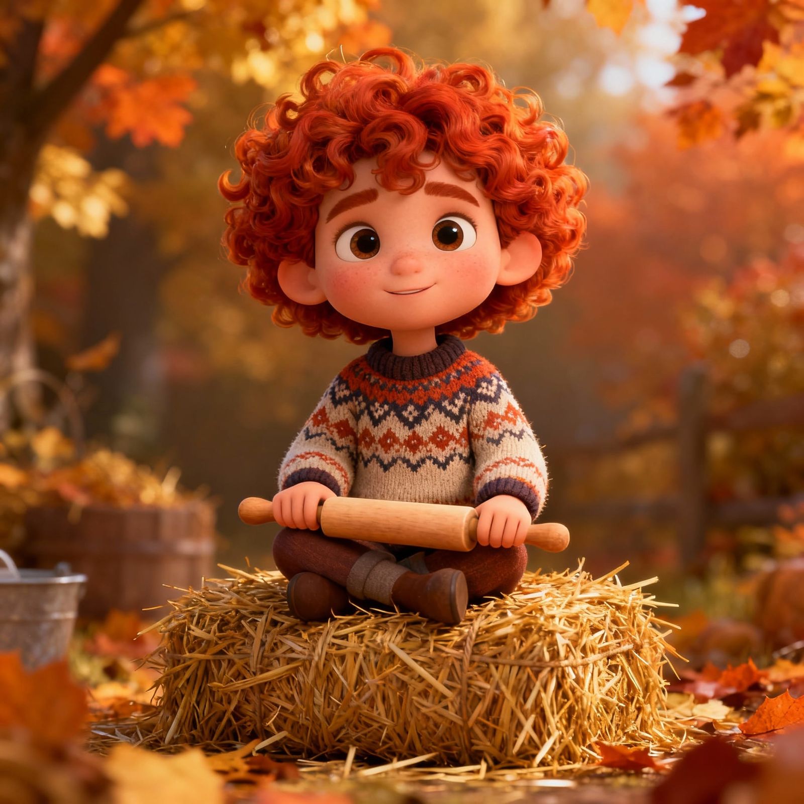 Whimsical Autumn Scene With Red-Haired Child on Hay Bale