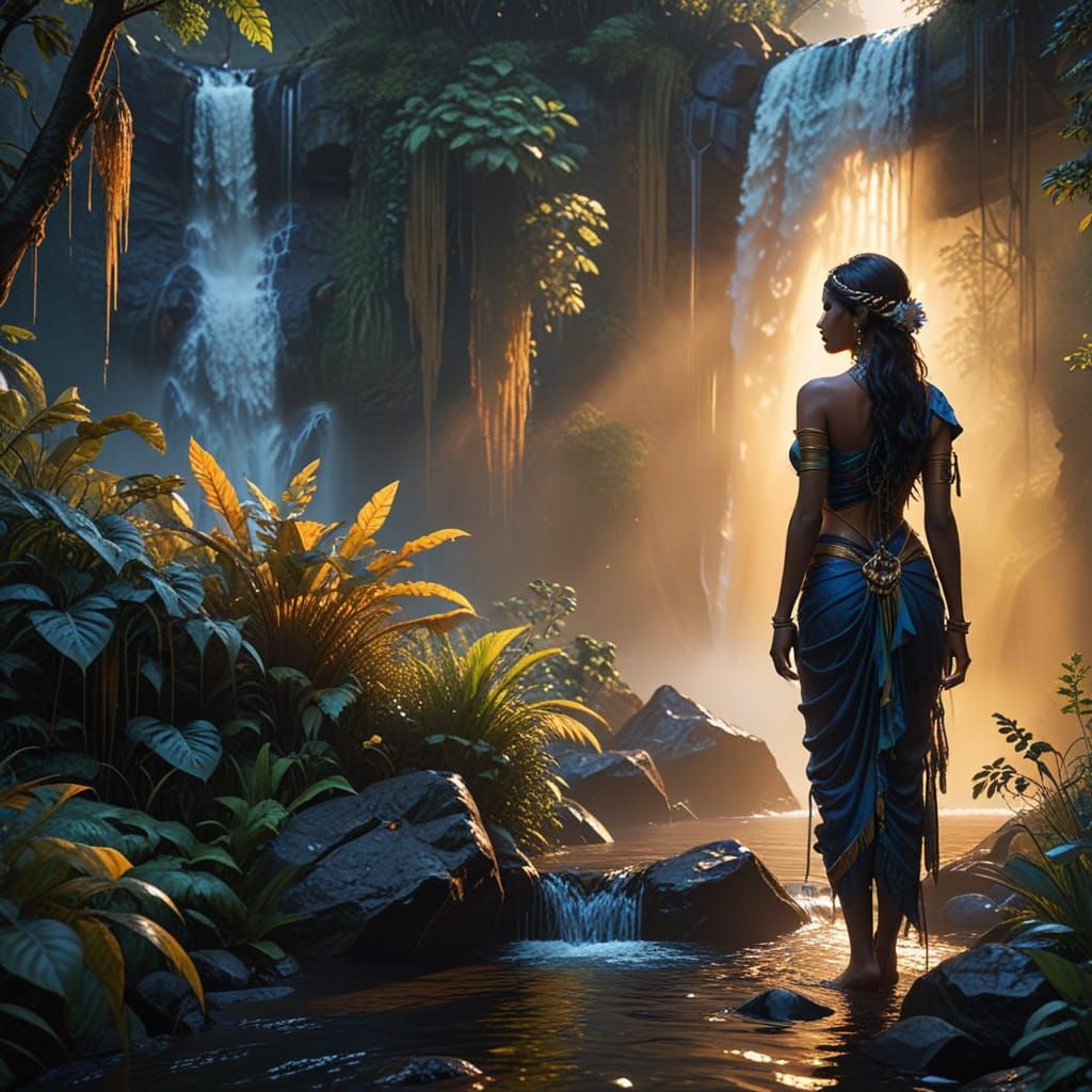 Enchanted girl by the waterfall's edge