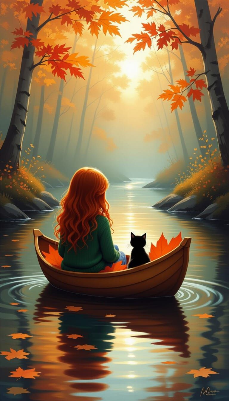 Cozy Autumn Scene: Girl and Kitten in Leaf Boat
