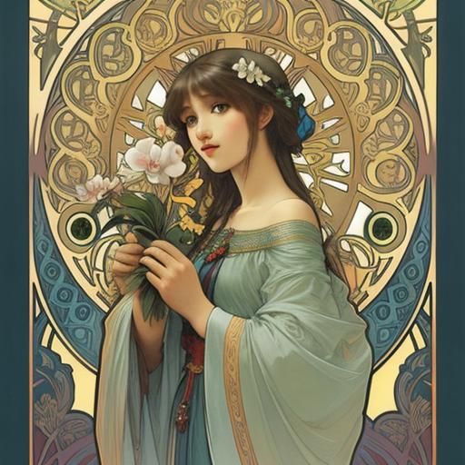 Art Nouveau Orchids in Alphonse Mucha Style