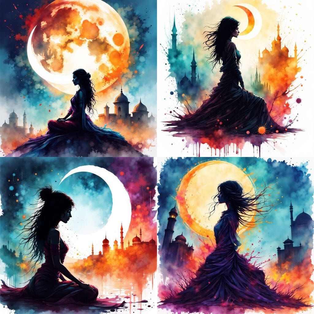 Scheherazade Silhouette in Watercolor Dreamscape