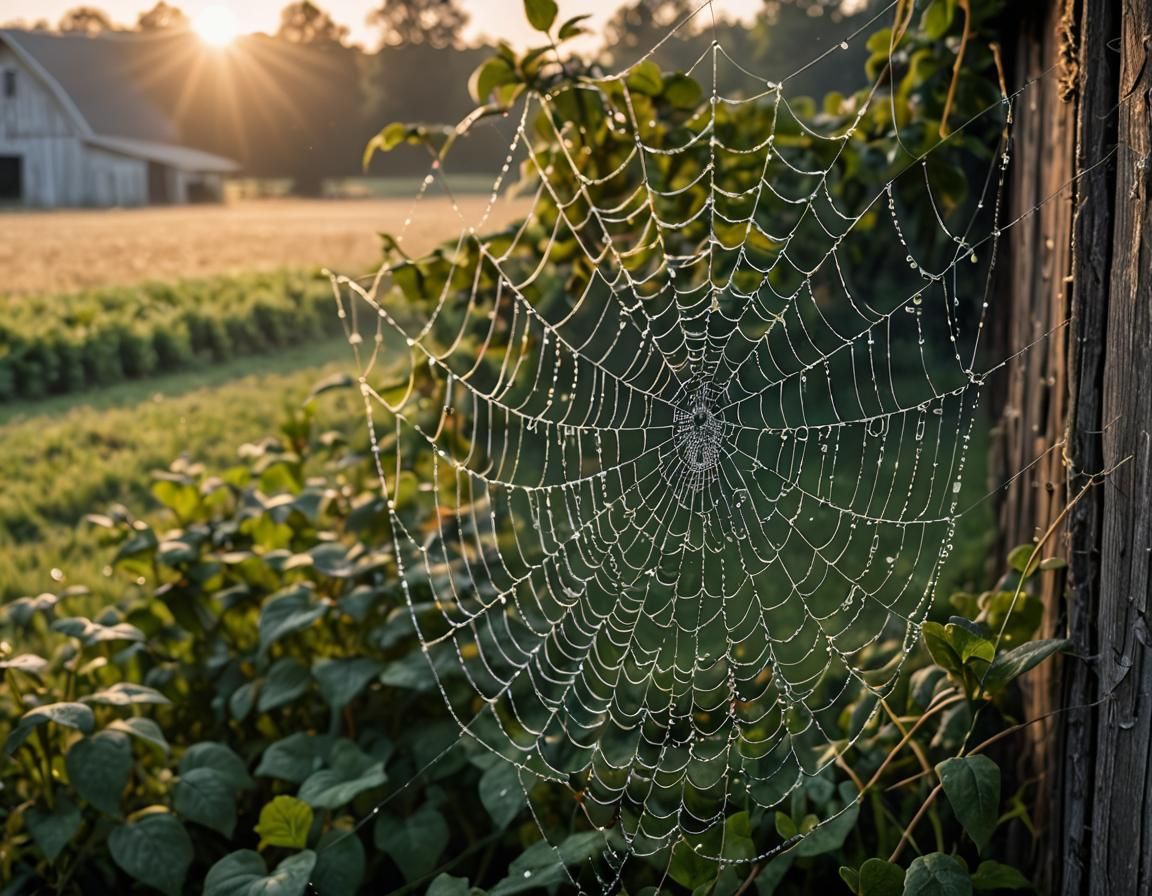 Sunrise Spiderweb: Dew Drops in Bokeh