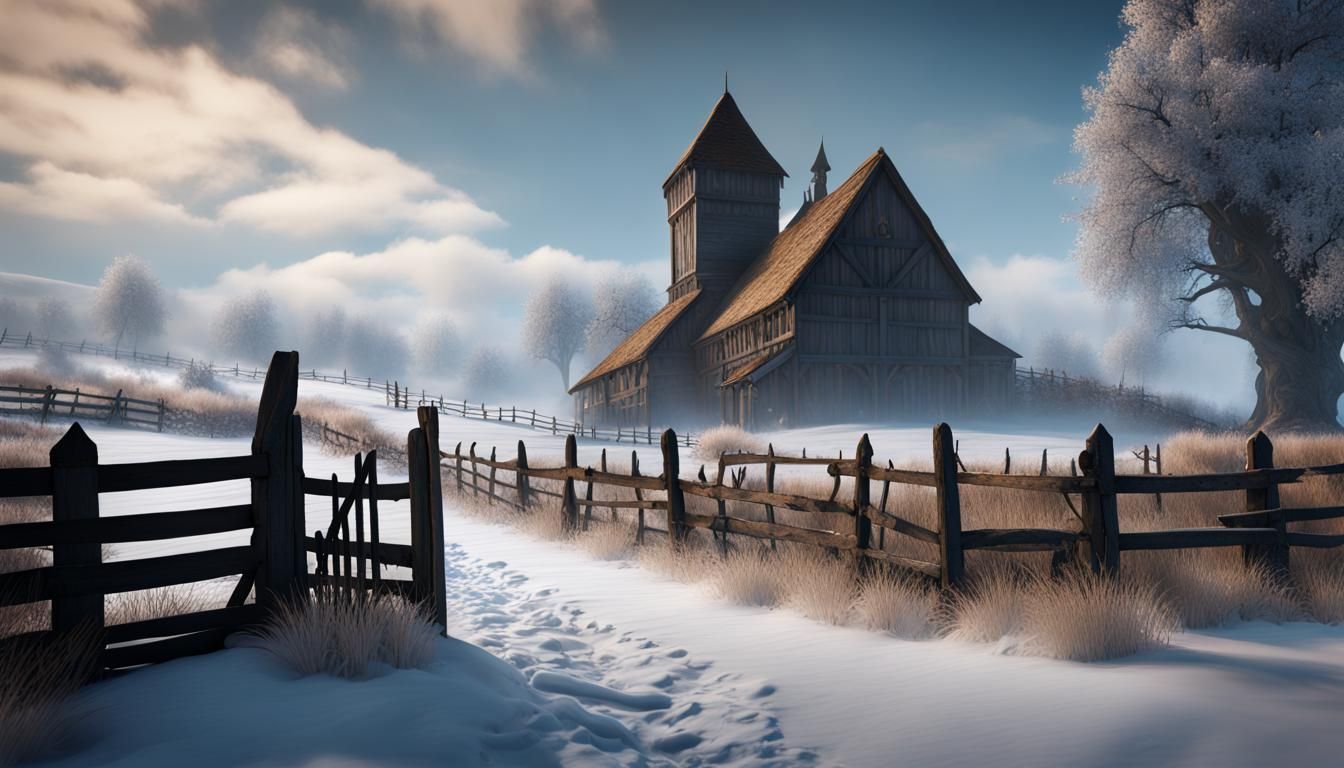 Winter Farm Scene in Medieval Style
