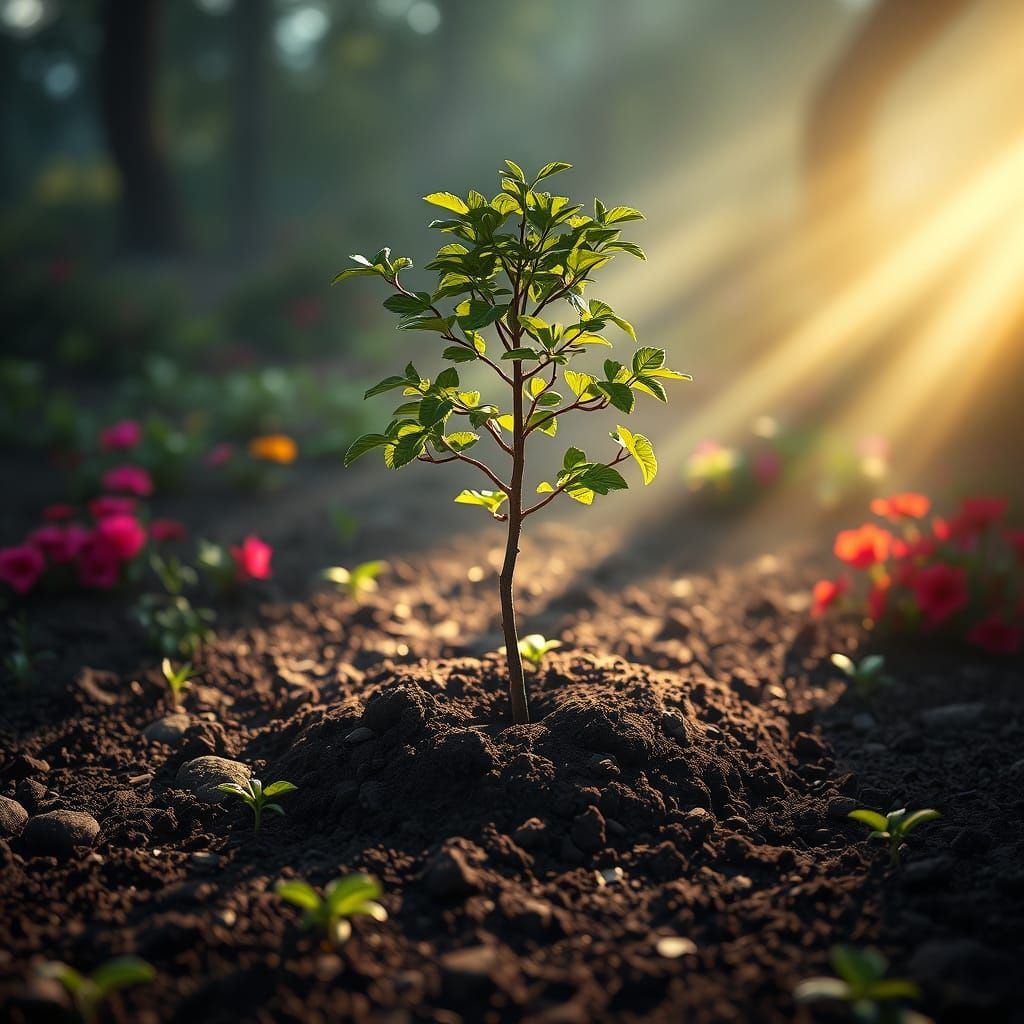 Vibrant Garden with Young Tree, Hyperrealistic Style