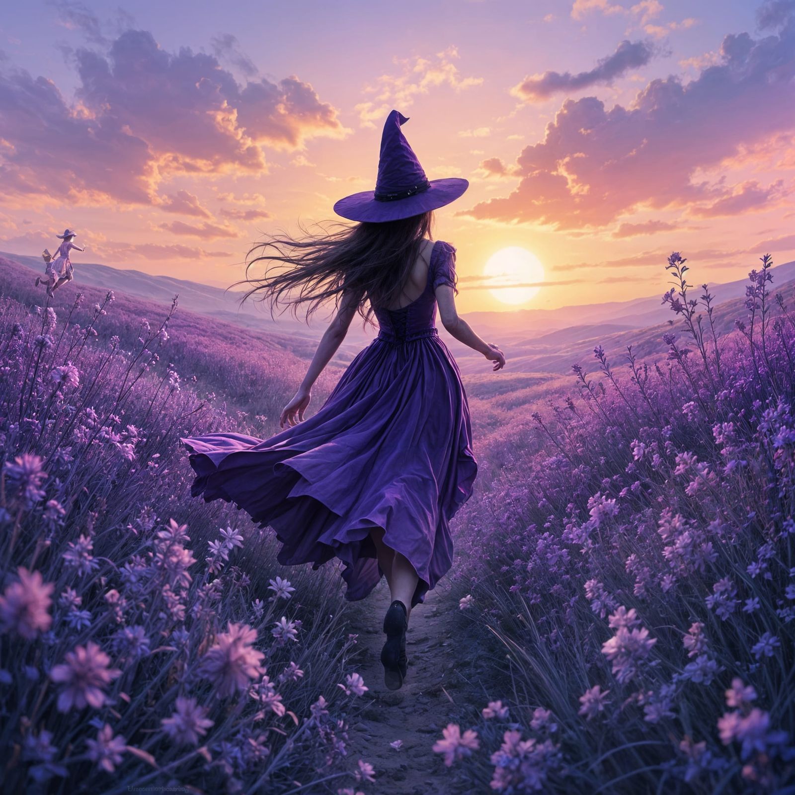 Ethereal Purple Witch in Whimsical Sunset Landscape