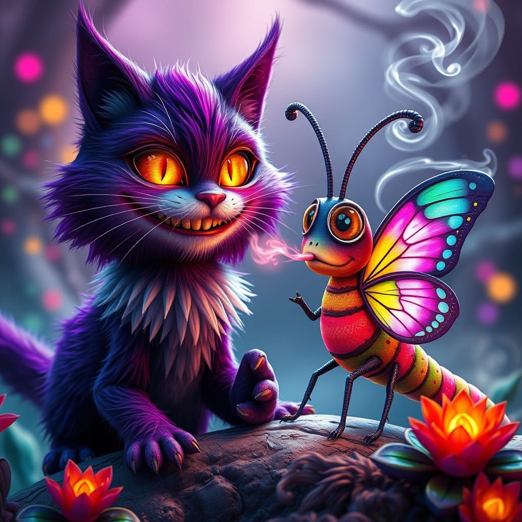 Whimsical Purple Cheshire Cat Surveys a Colorful Caterpillar...
