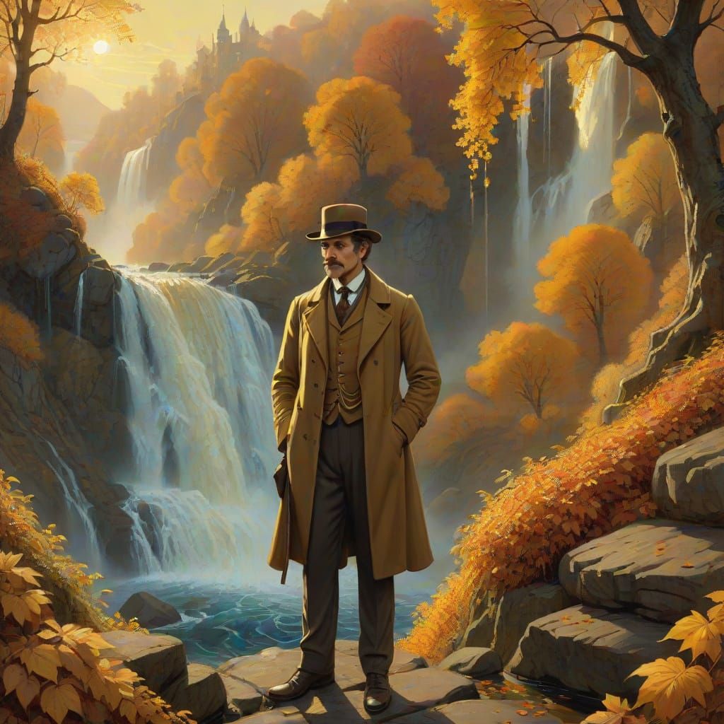 Victorian Detective at Autumn Waterfall