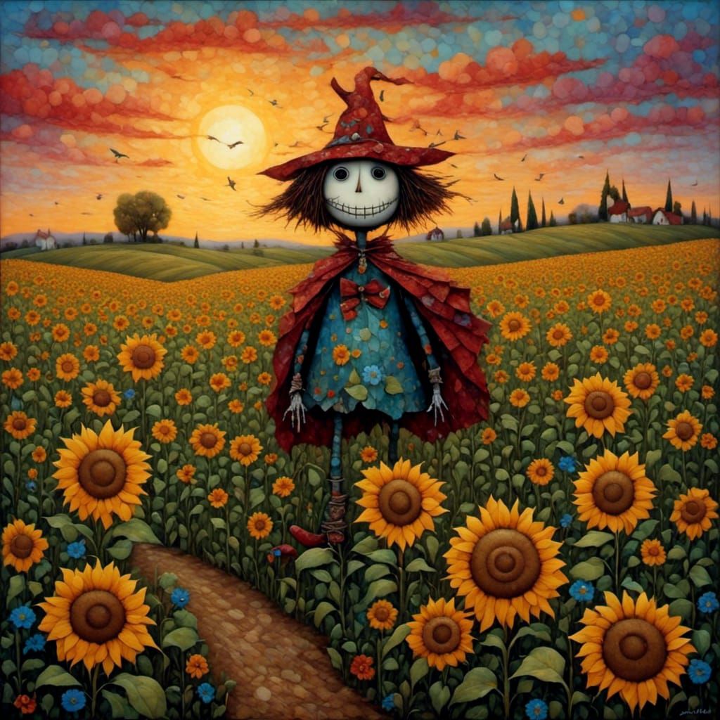 Surreal Scarecrow in Sunflower Field at Sunset