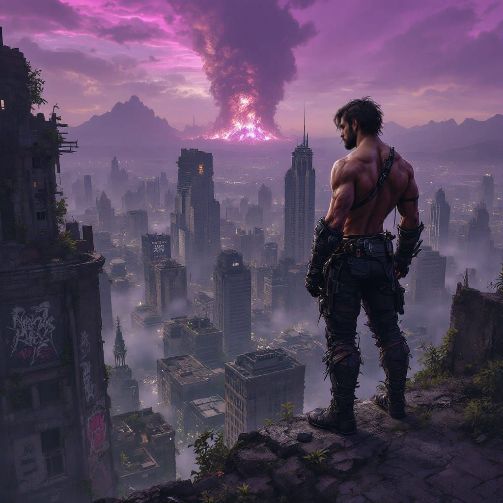Warrior Overlooking Ruined Cityscape in Synthwave Style