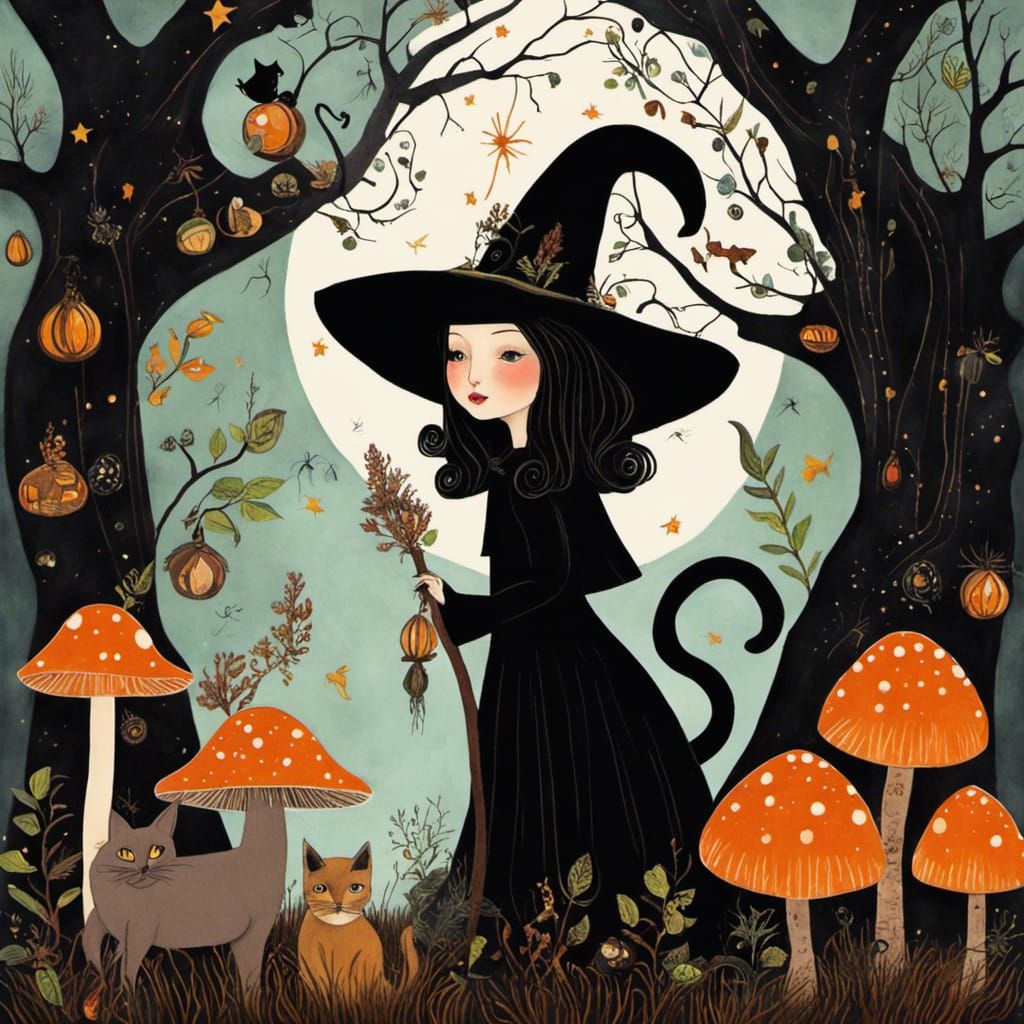 Magical Forest Scene with Witch and Cat