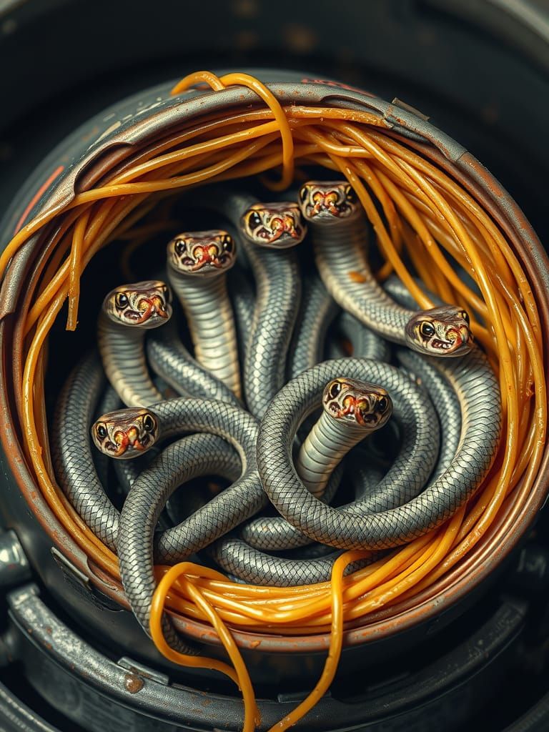 Sleek Cobras Emerge from Industrial Can of Spaghetti in Cybe...