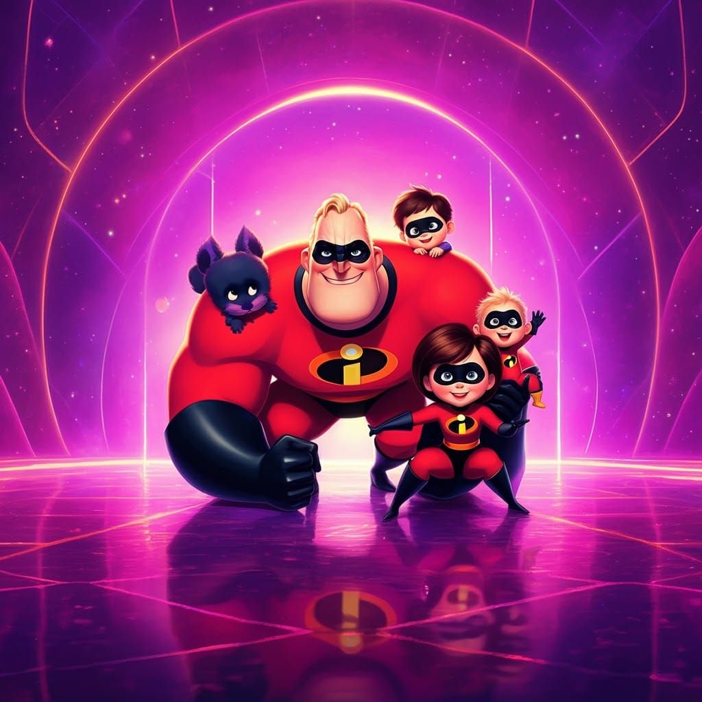 Mr Incredible Elastigirl Violet Dash and a unknown on his sh...
