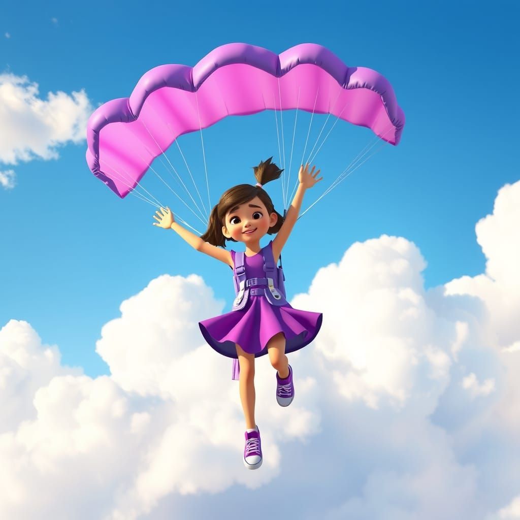 Girl Soaring with Parachute in Vibrant 3D Style