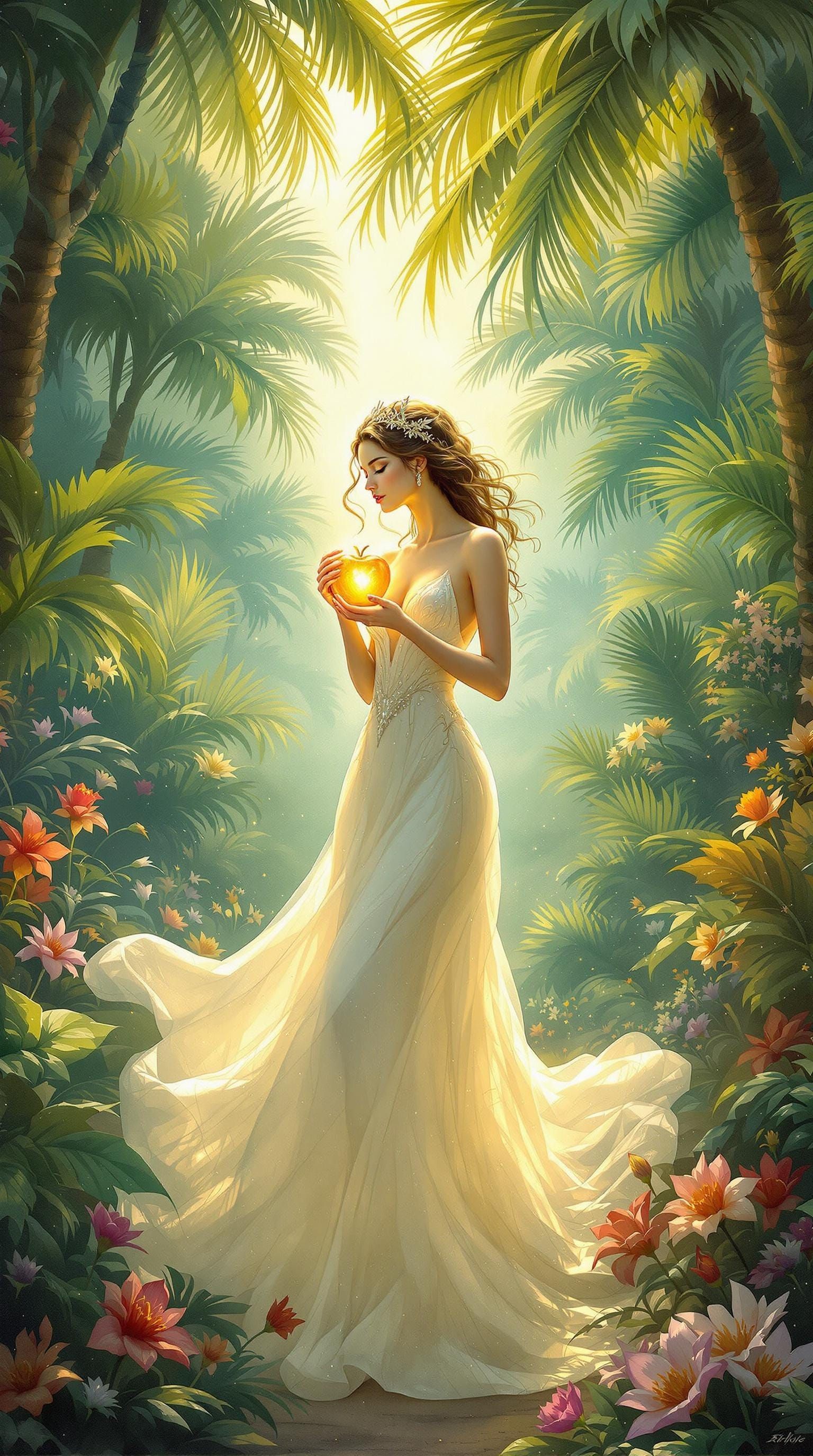 Elegant Paradise with Golden Apple and Lush Blooms in Whimsi...