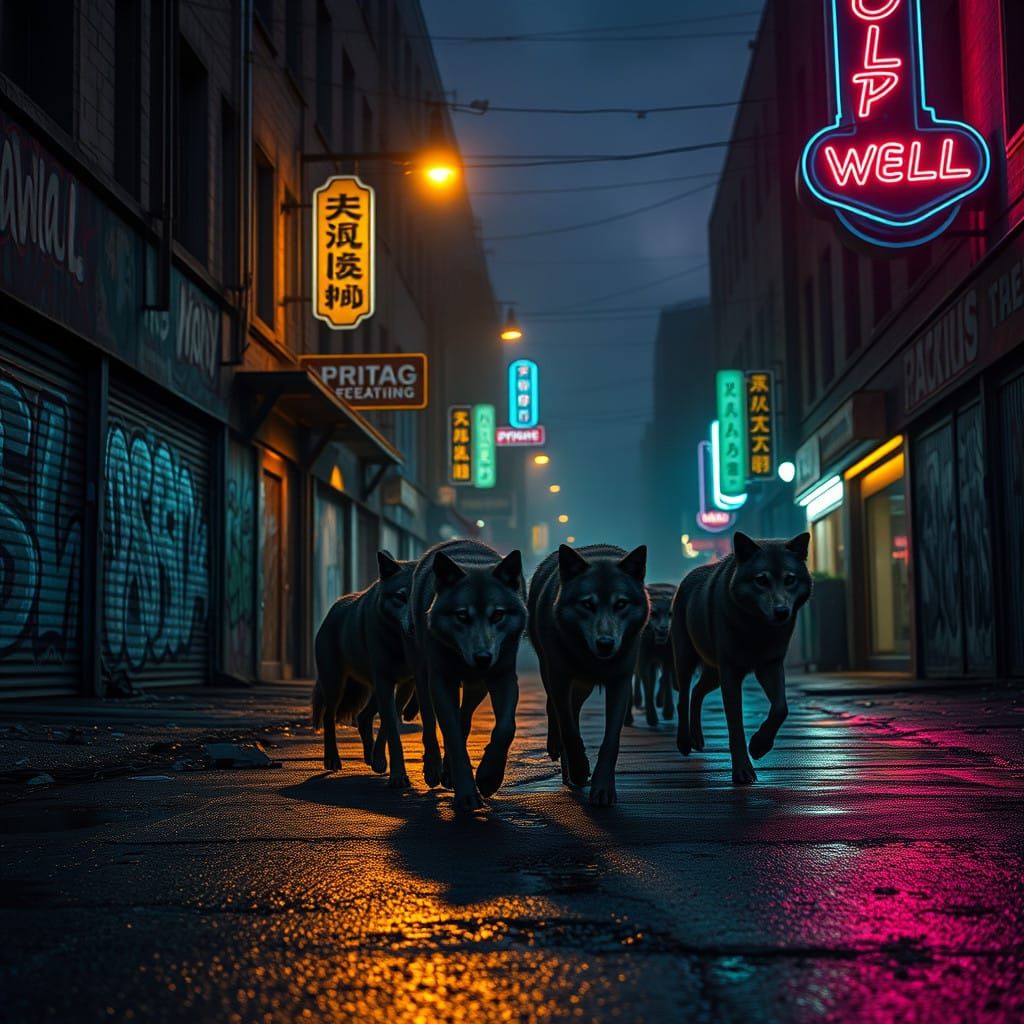 Futuristic Wolf Pack Roams Dystopian City Streets at Dusk