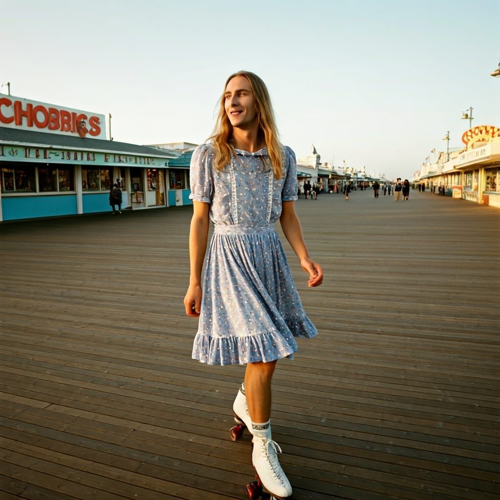 Vintage Style Boardwalk Scene with Figure on Roller Skates
