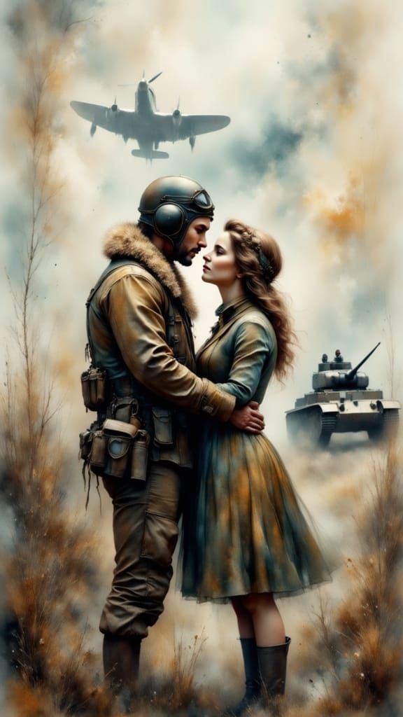 Hyperrealistic WWII Scene: A Moment Before a Kiss