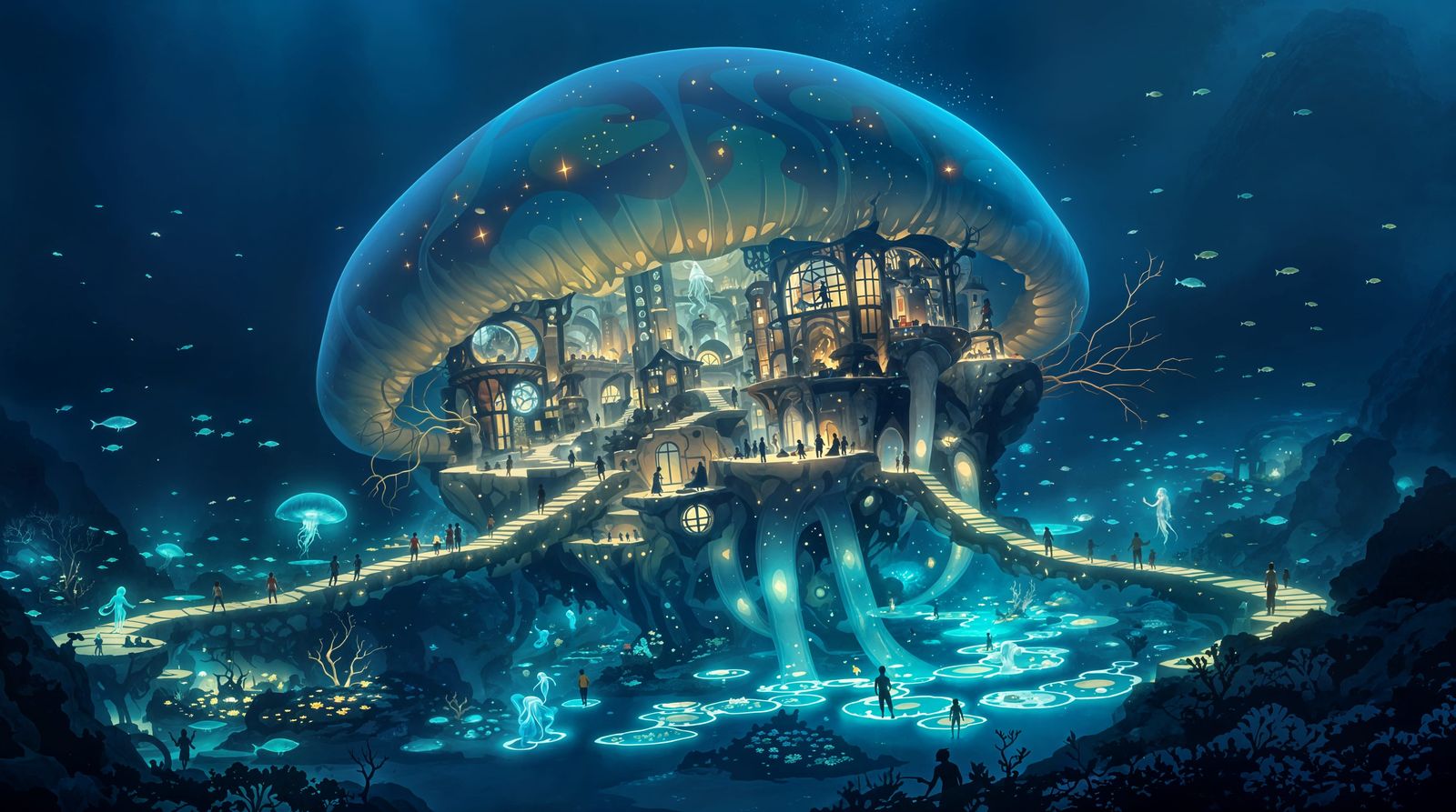 Mystical Underwater City Within a Bioluminescent Jellyfish