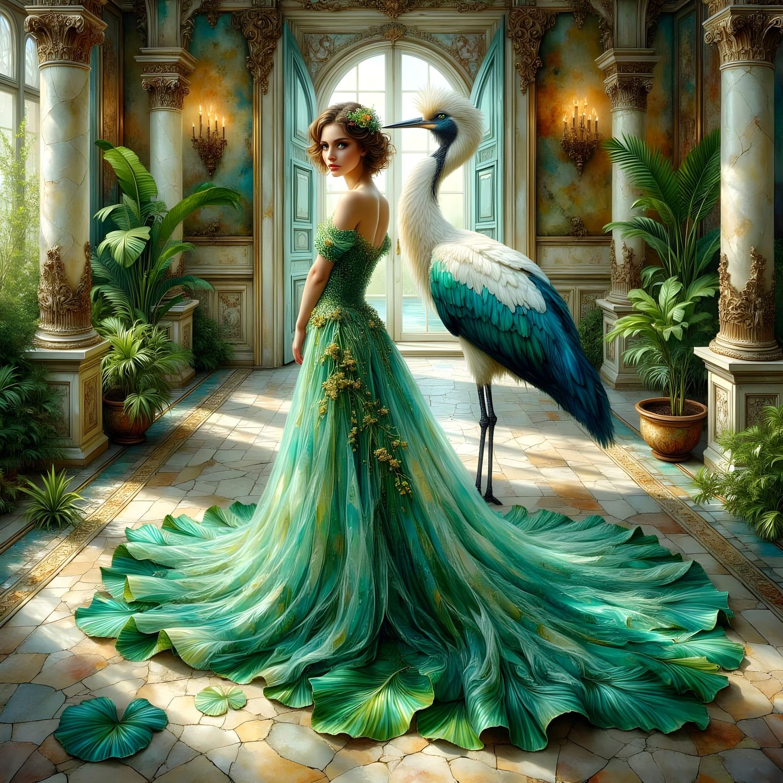 Woman and Bird in Ornate Ballroom, Atmospheric Masterpiece