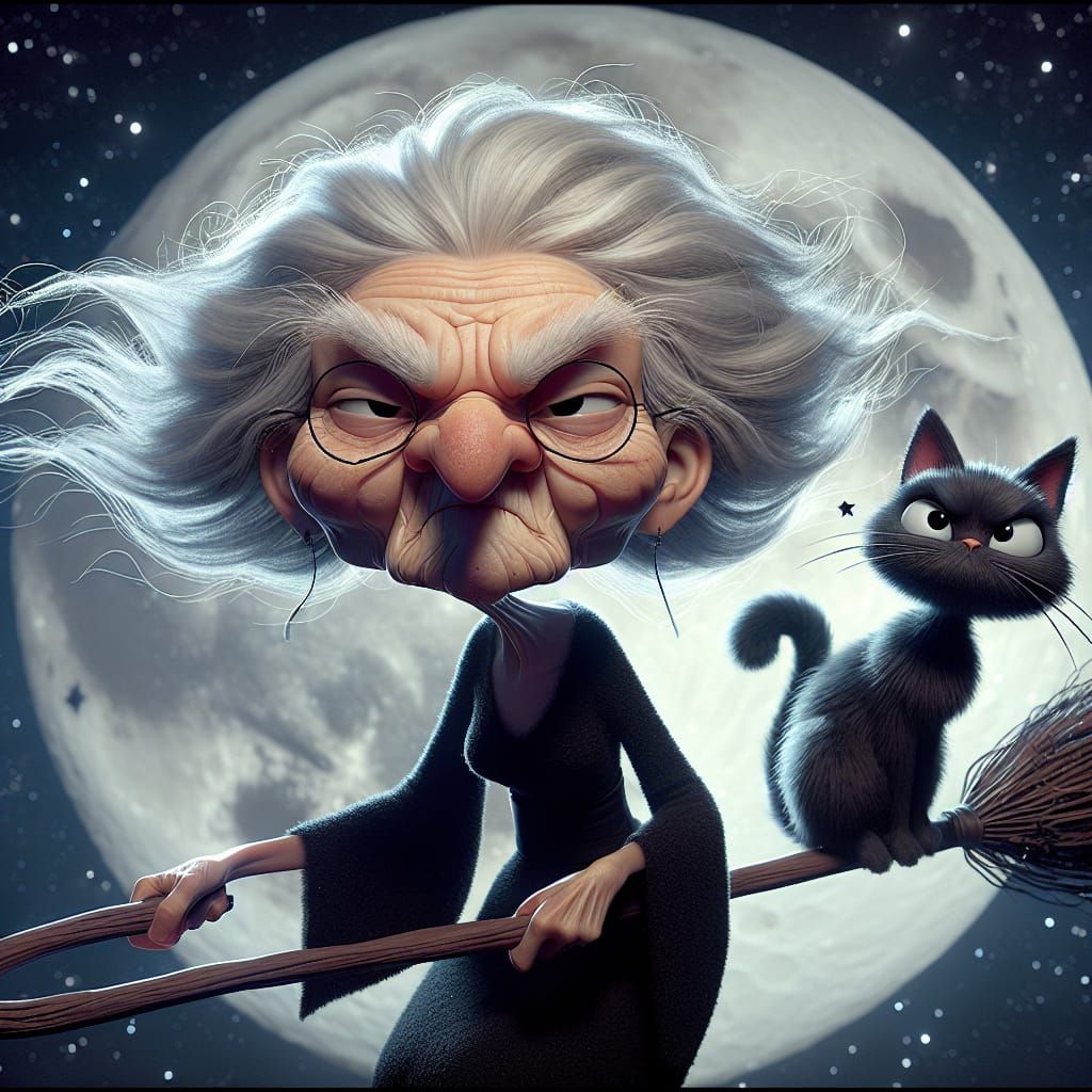 Whimsical Witch on Broomstick in 3D Cartoon Style