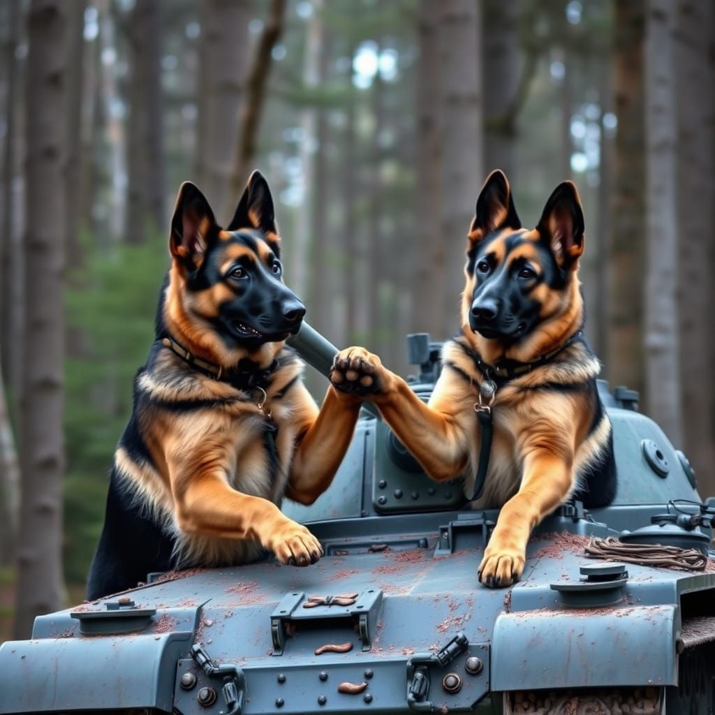Loyal Canines Stand Guard on a Tank in the Forest