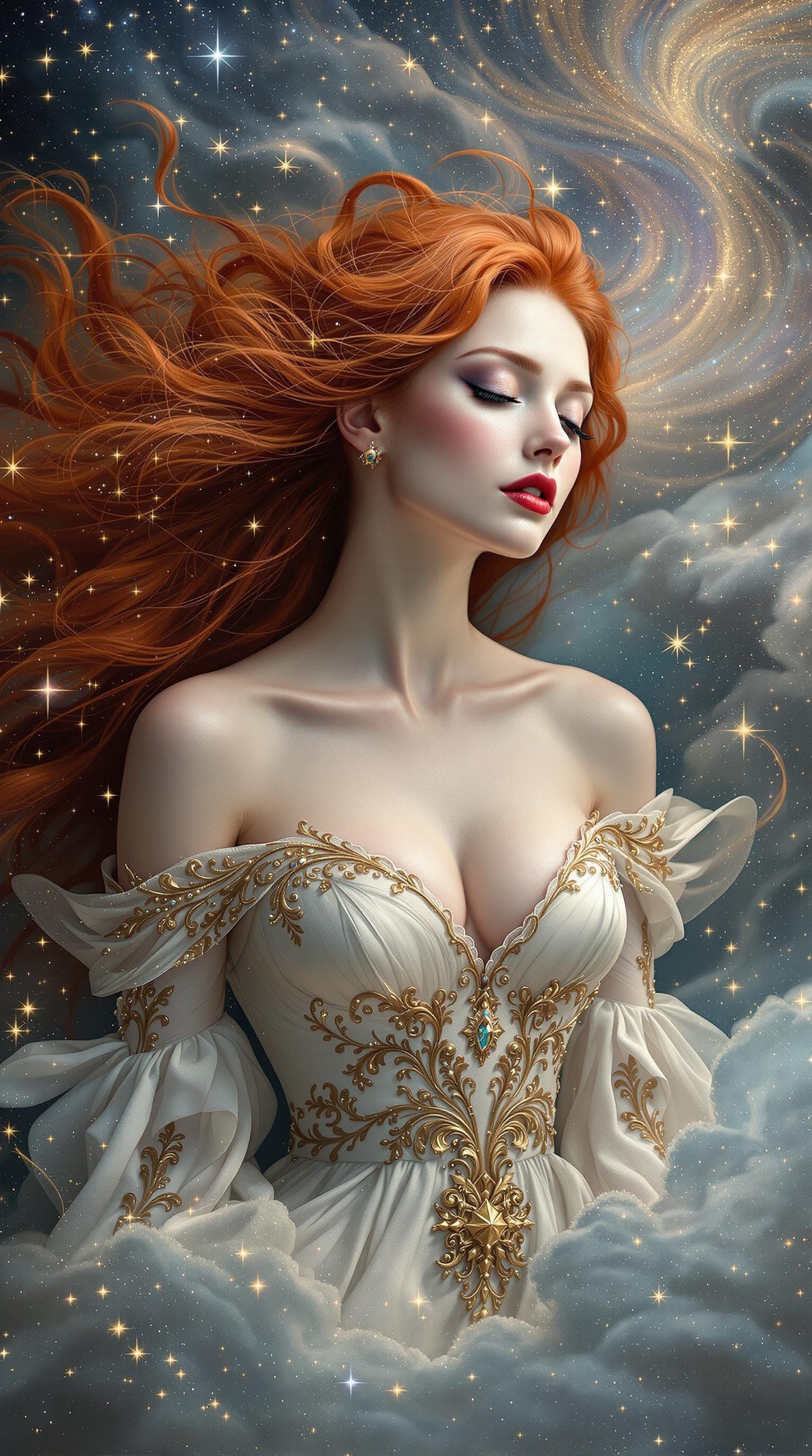 Enigmatic Goddess in Starry, Celestial Dreamscape